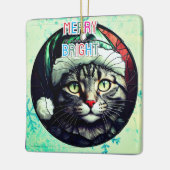 Stained-Glass Christmas Grey Tabby In Green Hat Keramikornament (Links)
