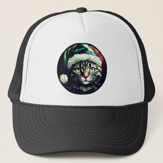 Stained-Glass Christmas Grey Tabby In Green Hat Truckerkappe (Vorderseite)