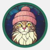 Stained-Glass Christmas Tabby Cat In Pink Cap Runder Aufkleber (Vorderseite)