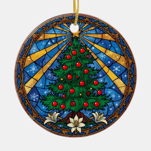 Stained Glass Christmas Tree & Lilies Keramik Ornament (Vorne)