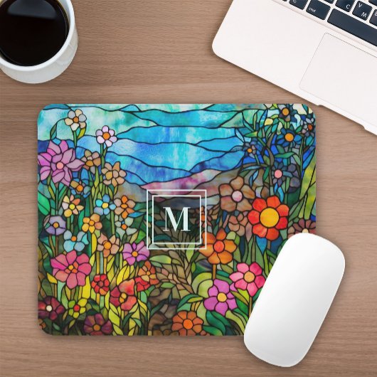 Stained Glass Colorful Floral Monogram Mousepad