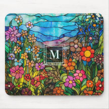 Stained Glass Colorful Floral Monogram Mousepad