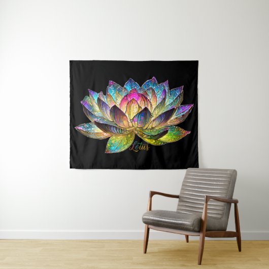 Stained Glass Colorful Lotus Flower on Black Wandteppich (Beispiel (Horizontal))