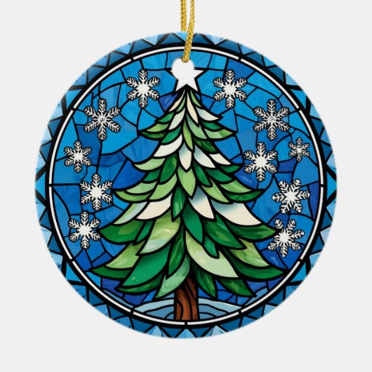 Stained Glass Evergreen Snowflakes Art Keramik Ornament (Vorne)