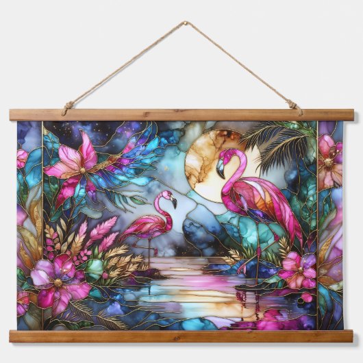 Stained Glass Flamingo Moon Garden Wandteppich Mit Holzrahmen (Vorne)