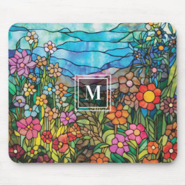 Stained Glass Flower Garden Monogram Mousepad