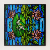 Stained Glass Green Frog and Water Lily Flowers Puzzle (Horizontal)