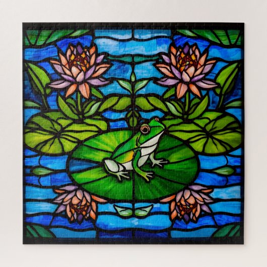 Stained Glass Green Frog and Water Lily Flowers Puzzle (Vertikal)