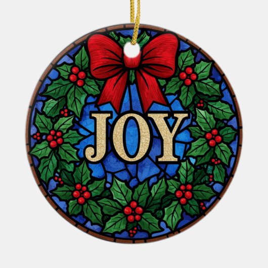 Stained Glass Holly Wreath JOY Keramik Ornament (Vorne)
