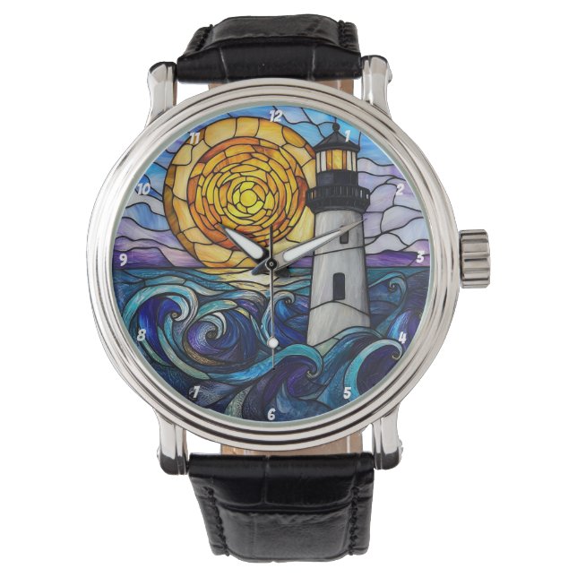Stained Glass Lighthouse Ocean Sunset Armbanduhr (Vorderseite)