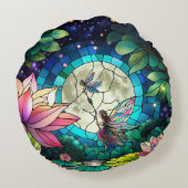 Stained Glass Little Fairy With Dragonfly Rundes Kissen (Rückseite)