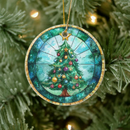 Stained Glass Look Christmas Tree & Star Holiday Keramik Ornament