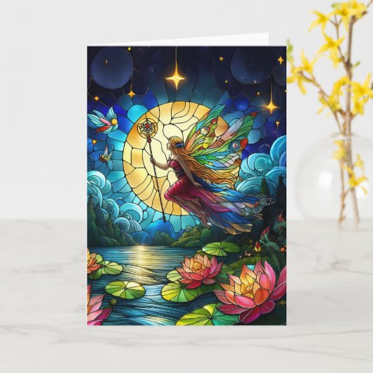 Stained Glass Moonlight Flight Fairy  Karte (Gelbe Blume)