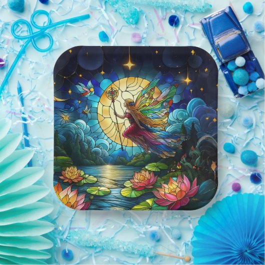 Stained Glass Moonlight Flight Fairy  Pappteller (Party)