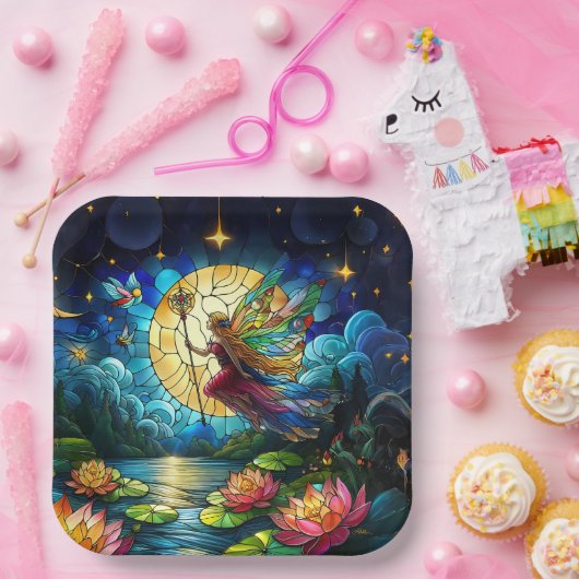 Stained Glass Moonlight Flight Fairy Pappteller (Party)