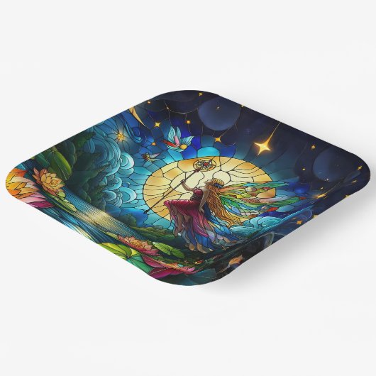 Stained Glass Moonlight Flight Fairy  Pappteller (Gewinkelt)
