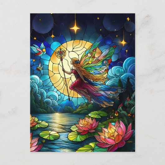 Stained Glass Moonlight Flight Fairy  Postkarte (Vorderseite)