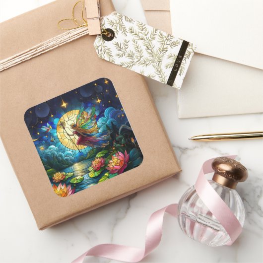 Stained Glass Moonlight Flight Fairy  Quadratischer Aufkleber (Schenken)