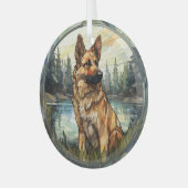 Stained Glass Mountain German Shepherd Dog Ornament Aus Glas (Vorderseite links)