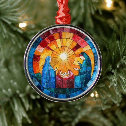 Stained Glass Nativity Scene Christmas Ornament Aus Metall (Baum)