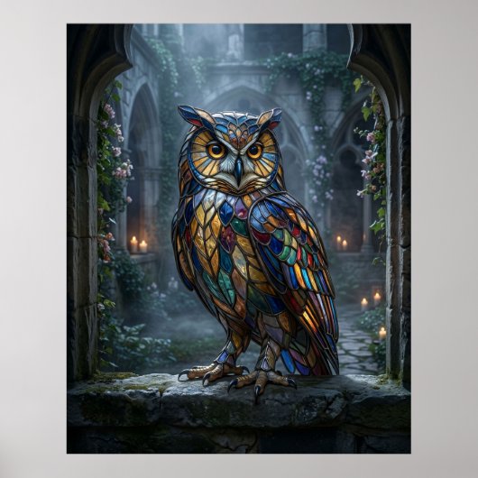 Stained Glass Owl Moonlight Poster (Vorne)