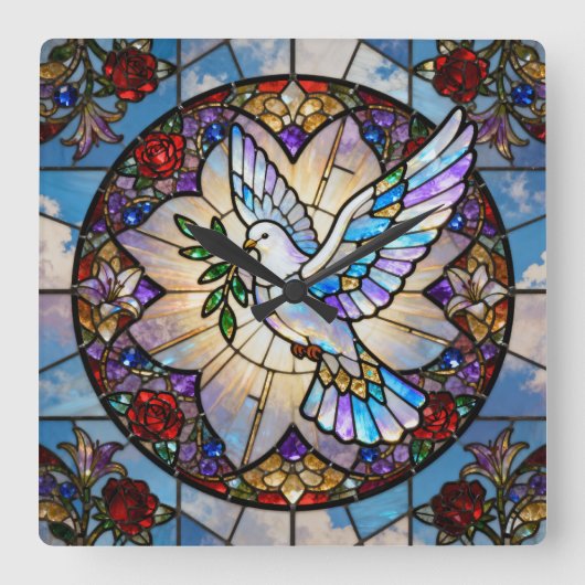 Stained Glass Peace Dove Wall Clock Quadratische Wanduhr (Vorderseite)