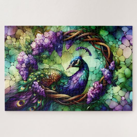 Stained Glass Peacock Floral Wreath Art Puzzle (Horizontal)