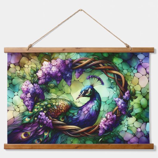 Stained Glass Peacock Floral Wreath Art Wandteppich Mit Holzrahmen (Vorne)