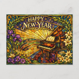 Stained Glass Piano Floral New Year Feiertagspostkarte