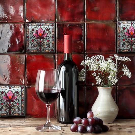 Stained Glass Red Pink Flower Fliese