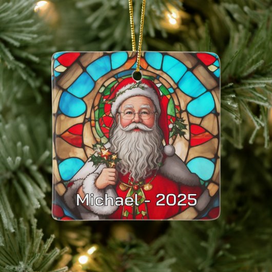 Stained Glass Santa Claus Portrait Keramikornament (Baum)