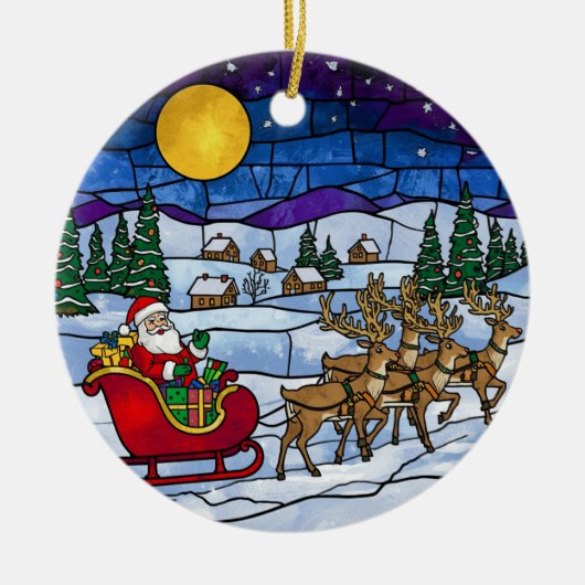 Stained Glass Santa & Reindeer Sleigh Ride Keramik Ornament (Vorne)