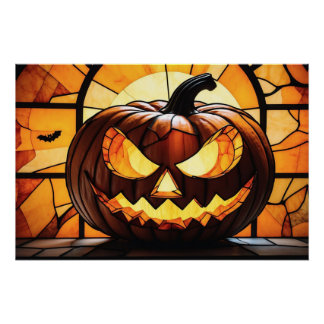 Stained Glass Scary Halloween Jack-O-Lantern Poster