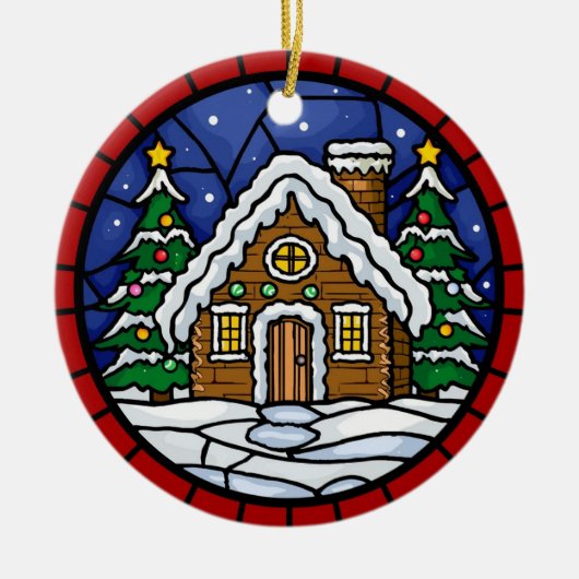 Stained Glass Snowy Cabin Keramik Ornament (Vorne)