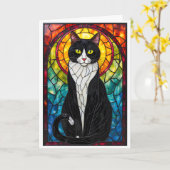 Stained Glass Style Black and White Tuxedo Cat Karte (Gelbe Blume)