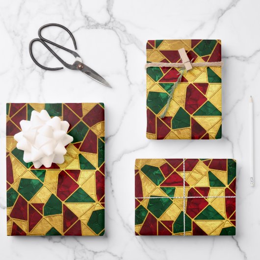 Stained Glass Style Christmas Red Green Gold Geschenkpapier Set (Vorderseite)
