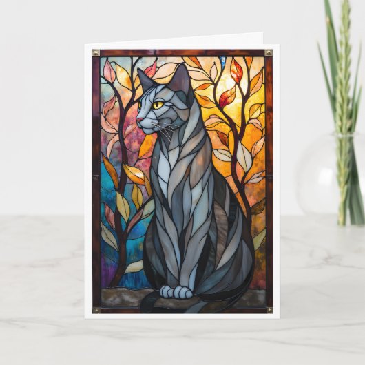 Stained Glass Style Gray Cat with Leaves Karte (Vorderseite)