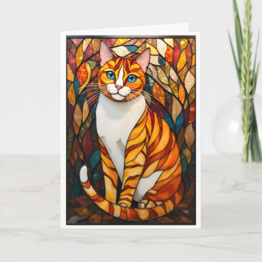 Stained Glass Style Orange Cat Blue Eyes Karte (Vorderseite)