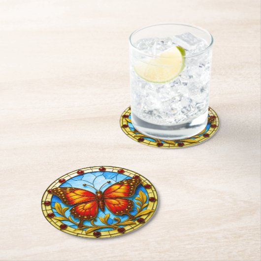 Stained glass window butterfly runder pappuntersetzer (Vor Ort)