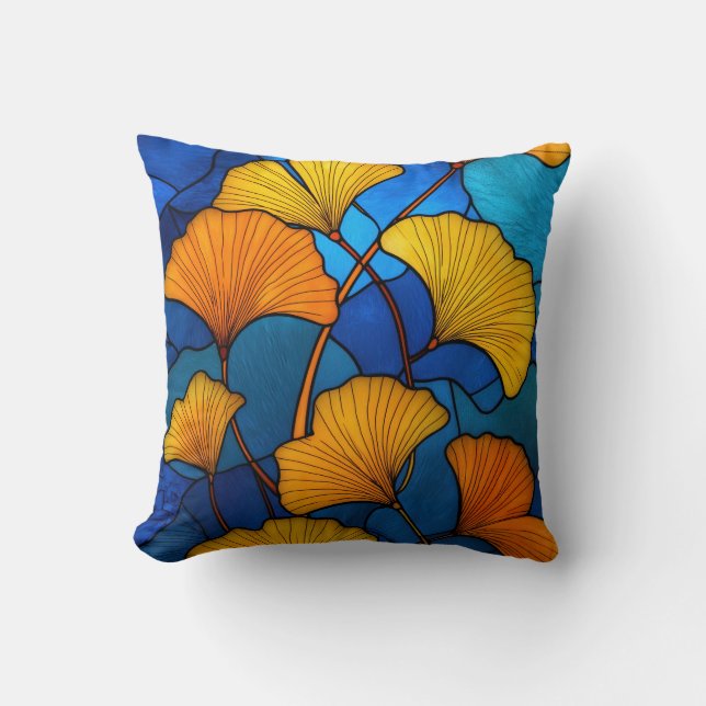 Stained glass yellow ginkgo leaves on blue kissen (Vorderseite)