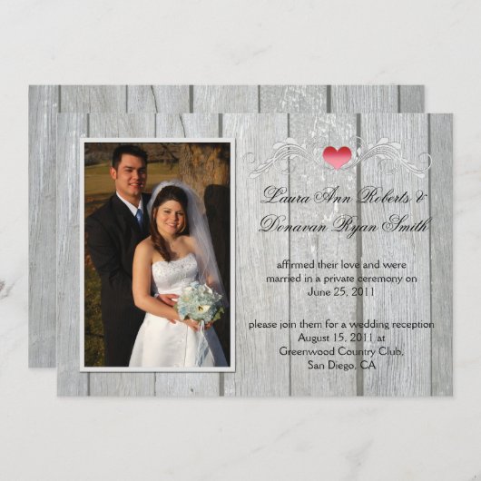 Stall Holz rosa Herz Foto nach Hochzeit Einladung (Vorne/Hinten)