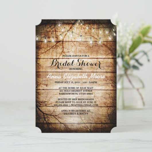 Stall-Holz-String-Lights Rustikales Brautparty Einladung (Stehend Vorderseite)