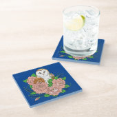 Stall Owl Pink Blume Blau Glasuntersetzer (Schrägansicht)