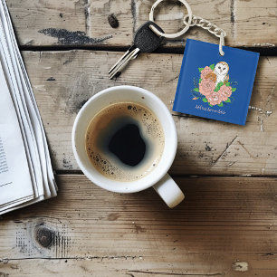 Stall Owl Pink Blume Blau Schlüsselanhänger