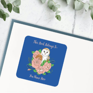 Stall Owl Pink Blume Blaues Buchzeichen Quadratischer Aufkleber