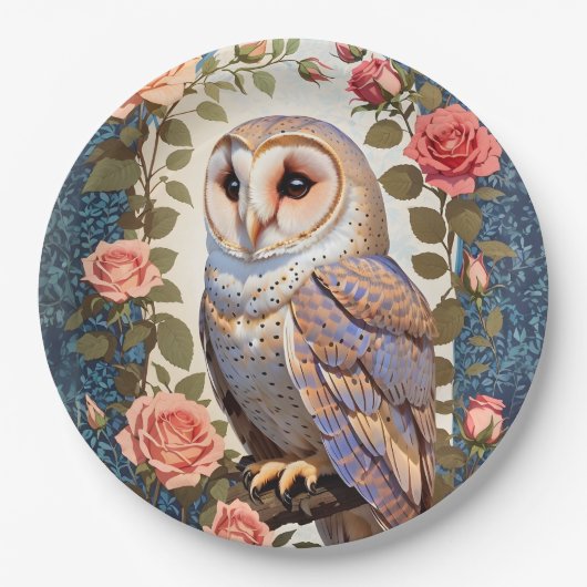 Stall Owl Pink Roses Foral Pappteller (Vorderseite)