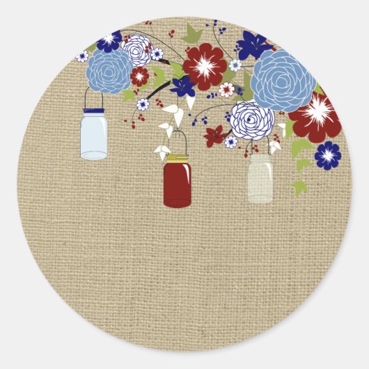 Stall Red and Blue Mason Jar Imitate Burlap Sticke Runder Aufkleber (Vorderseite)