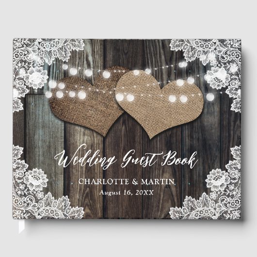 Stall Wood Hearts String Lights Floral Lace Weddin Gästebuch (Vorderseite)