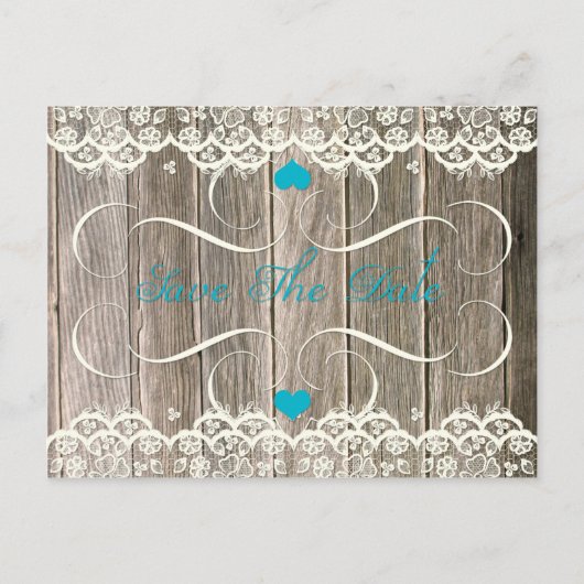Stall Wood Lace Aquamarin Hearts Wirbel Save the D Ankündigungspostkarte (Vorderseite)