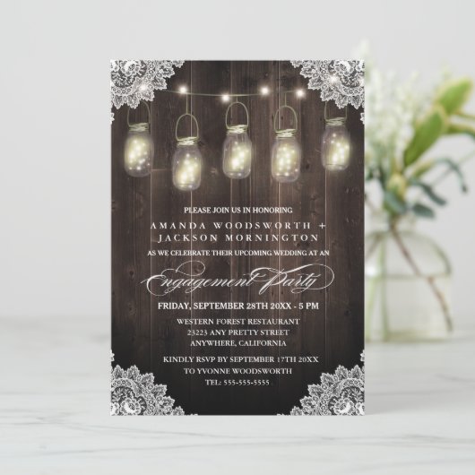 Stall Wood Lace Mason Engagement Partei Einladunge Einladung (Stehend Vorderseite)